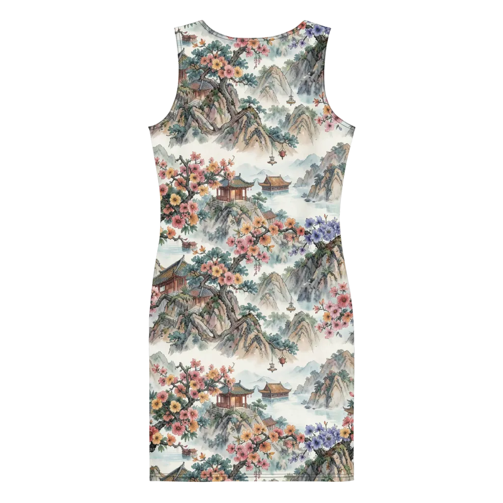 Jade Mountain Blossom on Bodycon Dress — Back