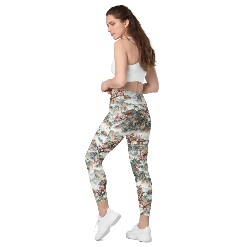 Jade Mountain Blossom on Leggings with Pockets — Left Back