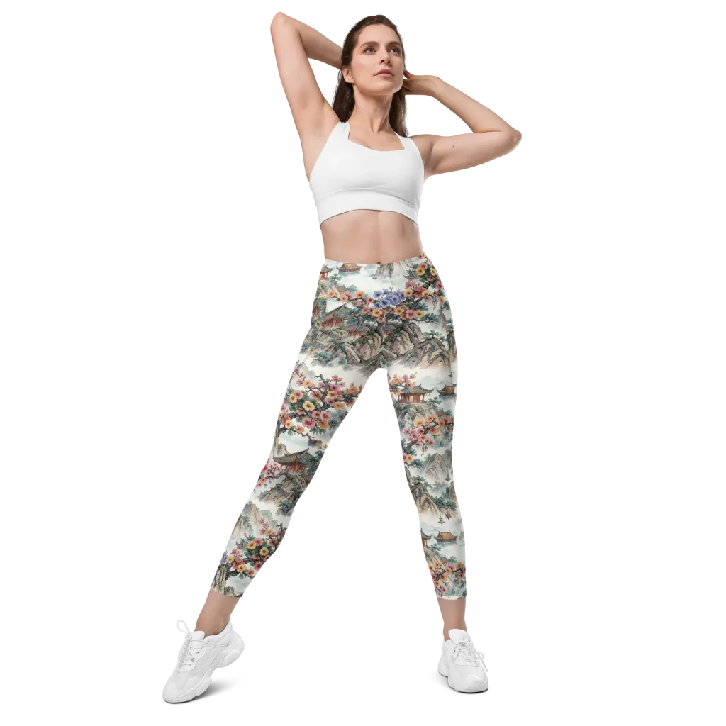 Jade Mountain Blossom on Leggings with Pockets — Front