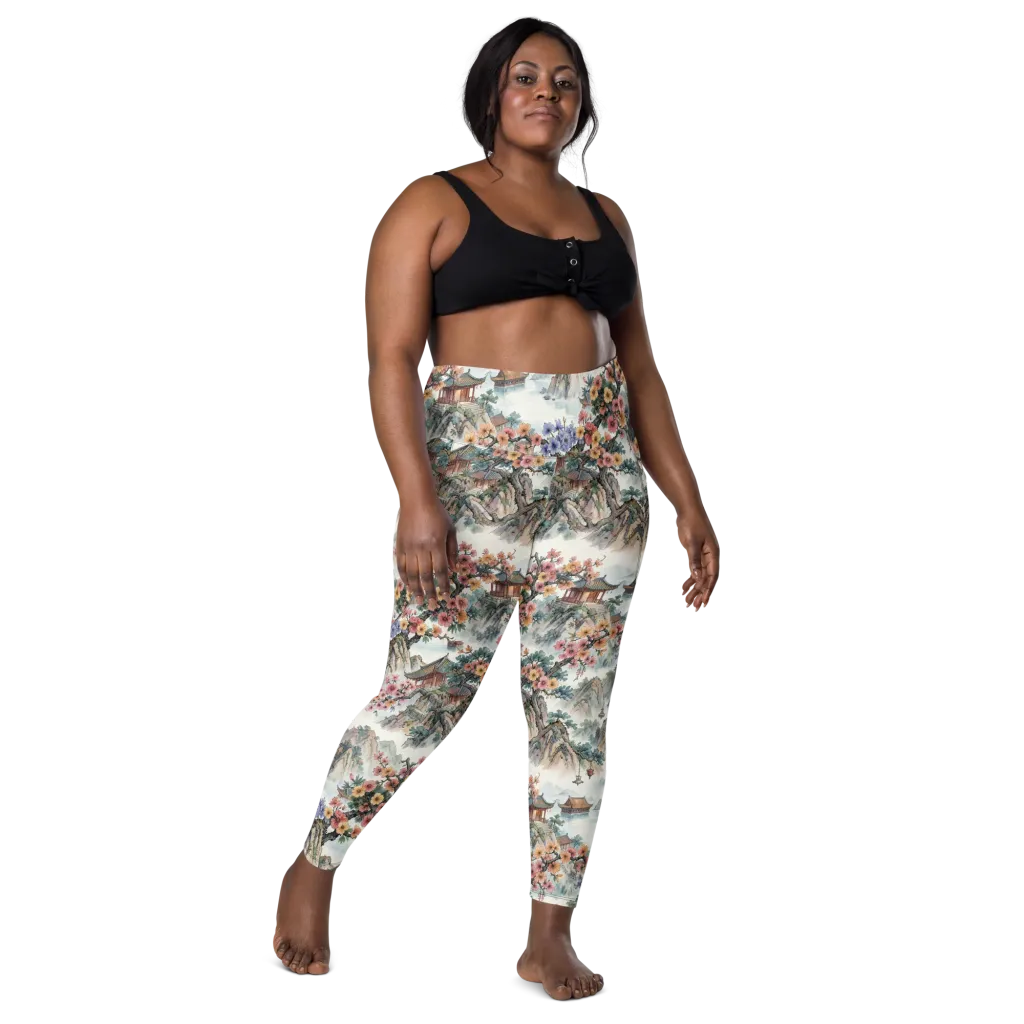 Jade Mountain Blossom on Leggings with Pockets — Front