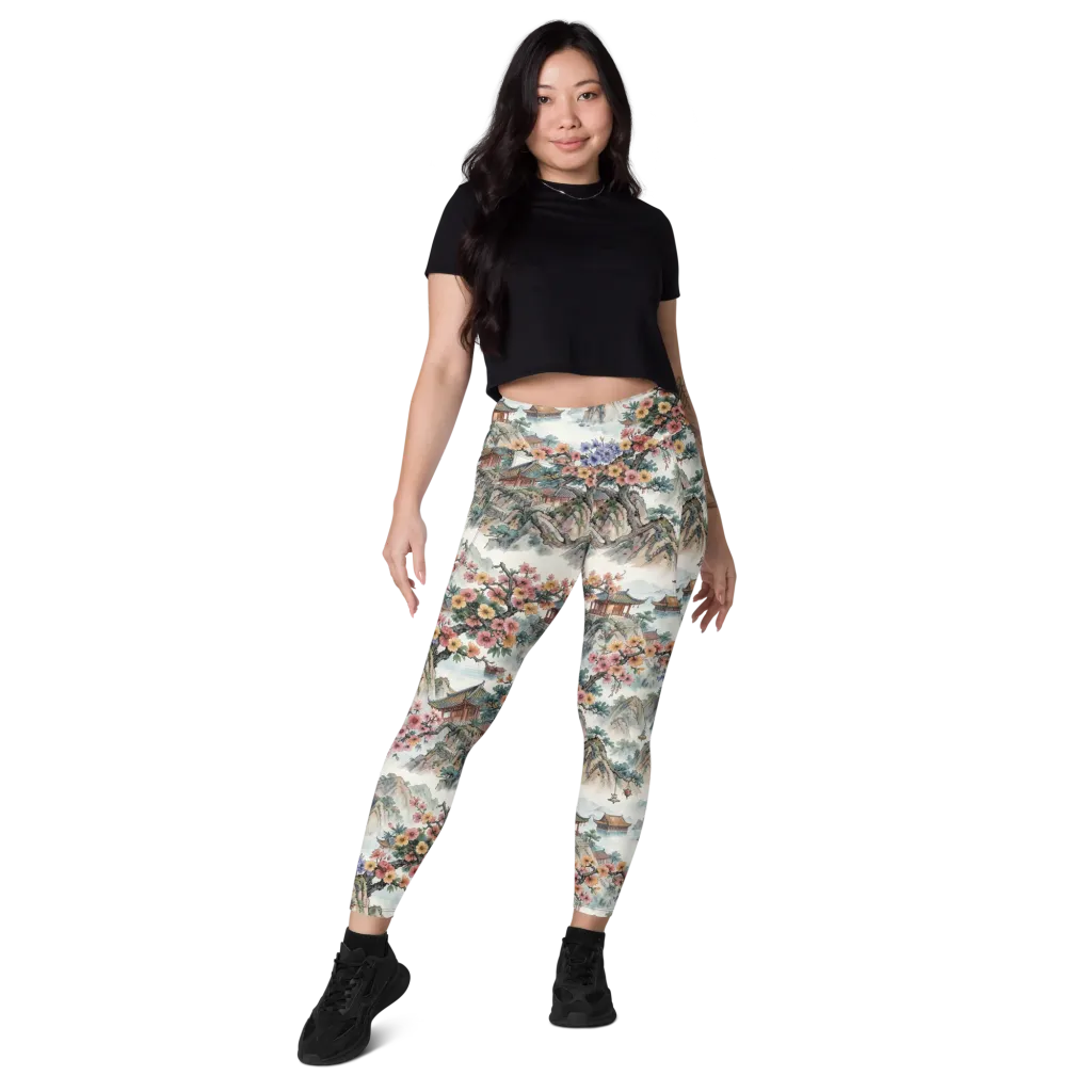 Jade Mountain Blossom on Leggings with Pockets — Front