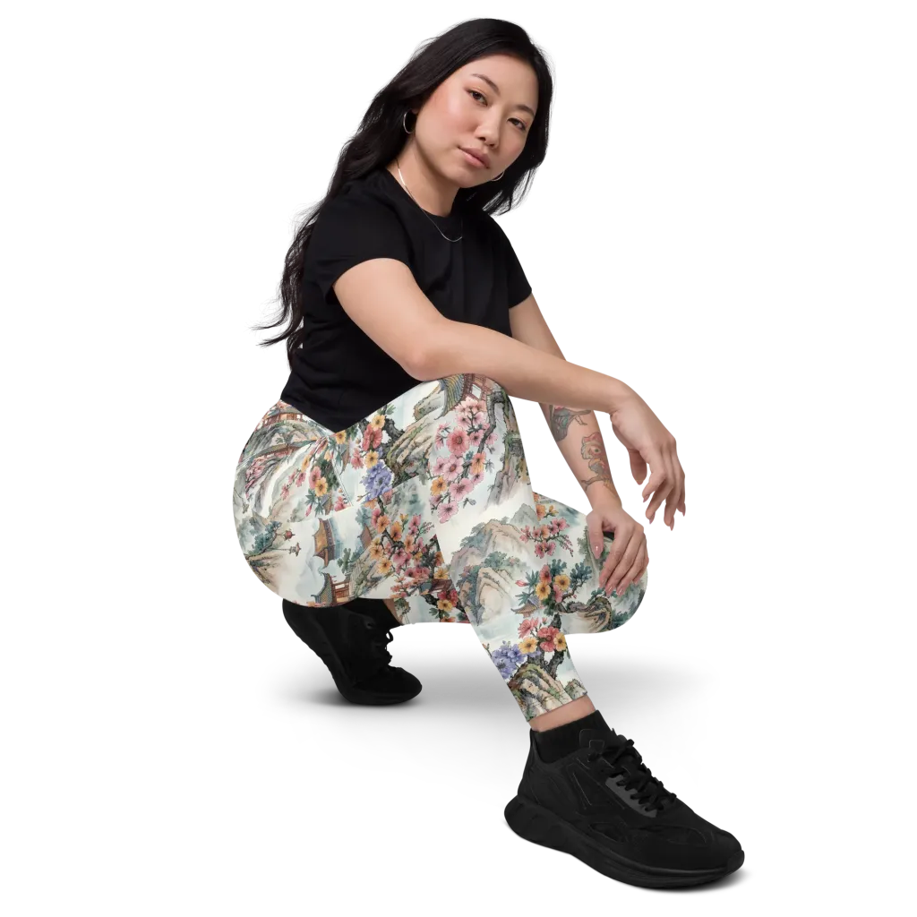 Jade Mountain Blossom on Leggings with Pockets — Right Front