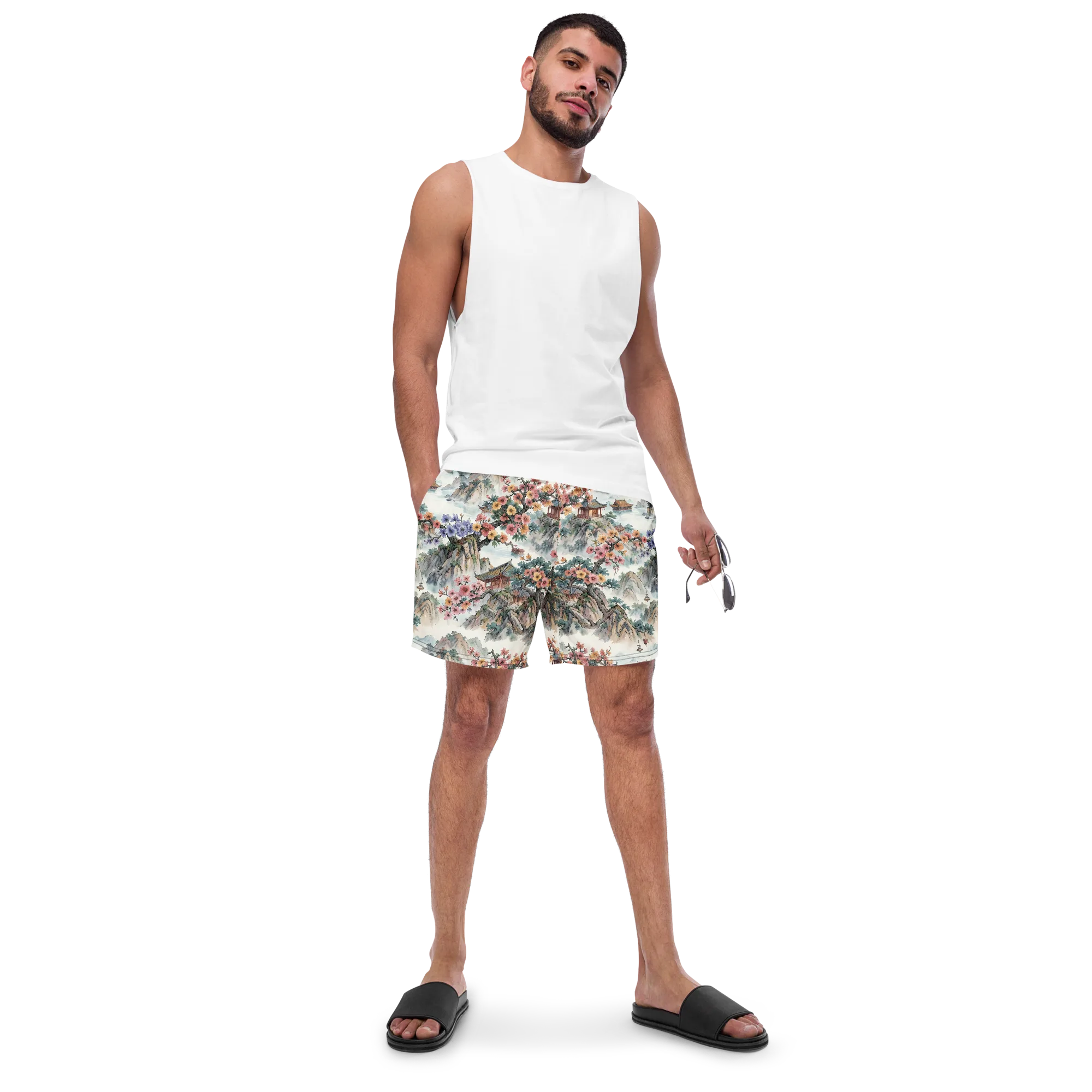Jade Mountain Blossom on Swim Trunks — Front