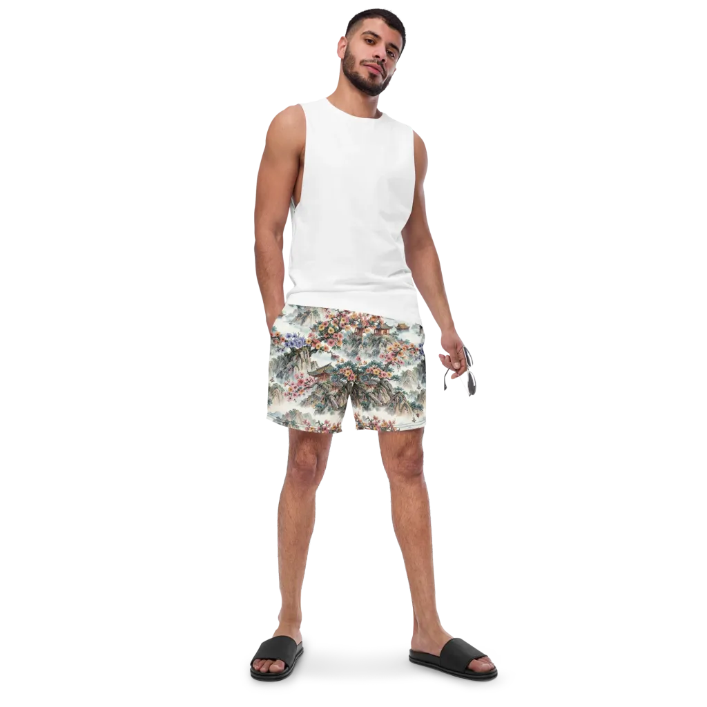 Jade Mountain Blossom on Swim Trunks — Front