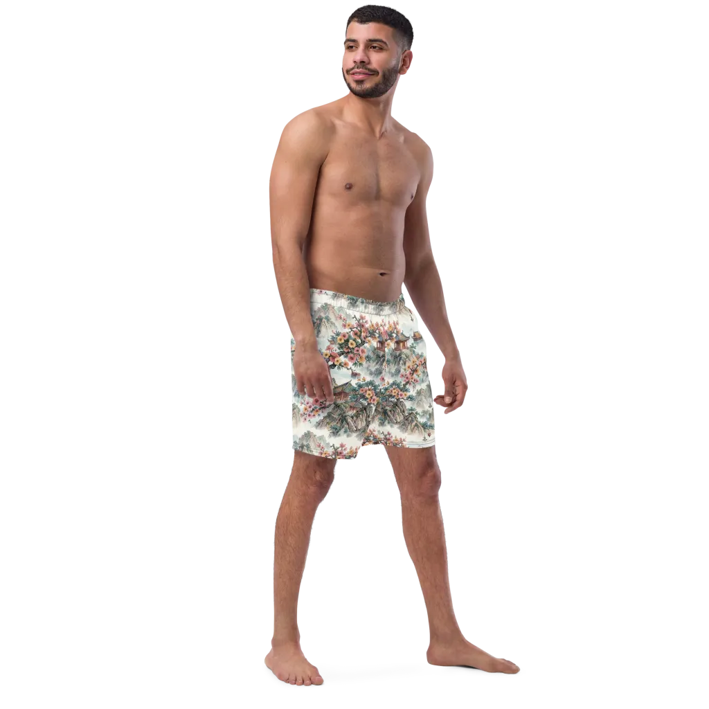 Jade Mountain Blossom on Swim Trunks — Right Front