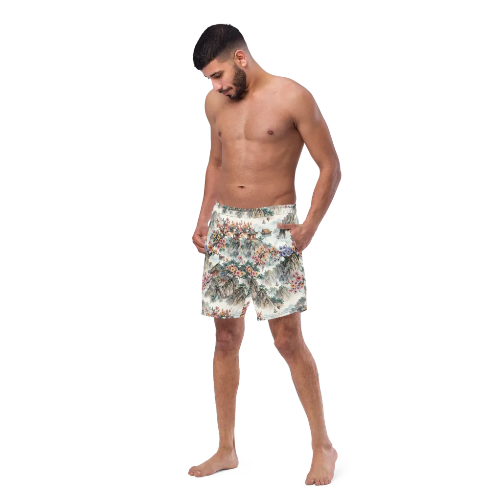 Jade Mountain Blossom on Swim Trunks — Left Front