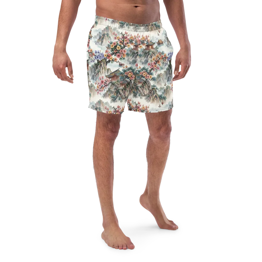 Jade Mountain Blossom on Swim Trunks — Front