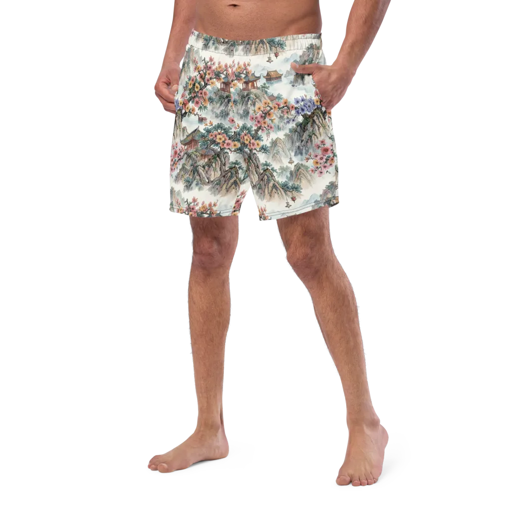 Jade Mountain Blossom on Swim Trunks — Left Front