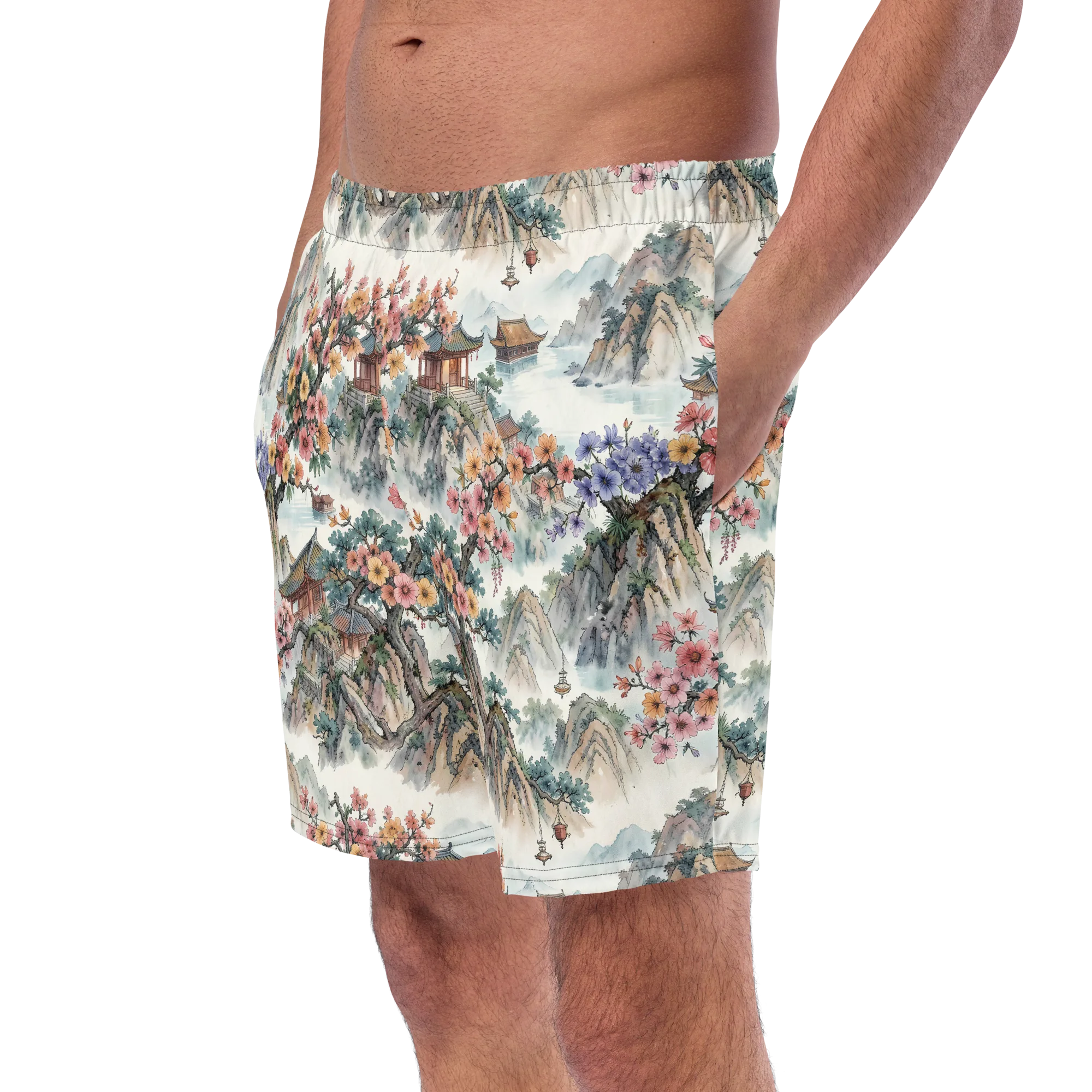 Jade Mountain Blossom on Swim Trunks — Left Front