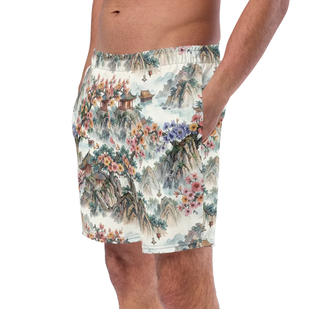 Jade Mountain Blossom on Swim Trunks — Left Front