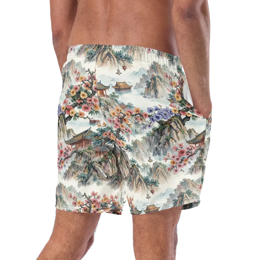 Jade Mountain Blossom on Swim Trunks — Right Back