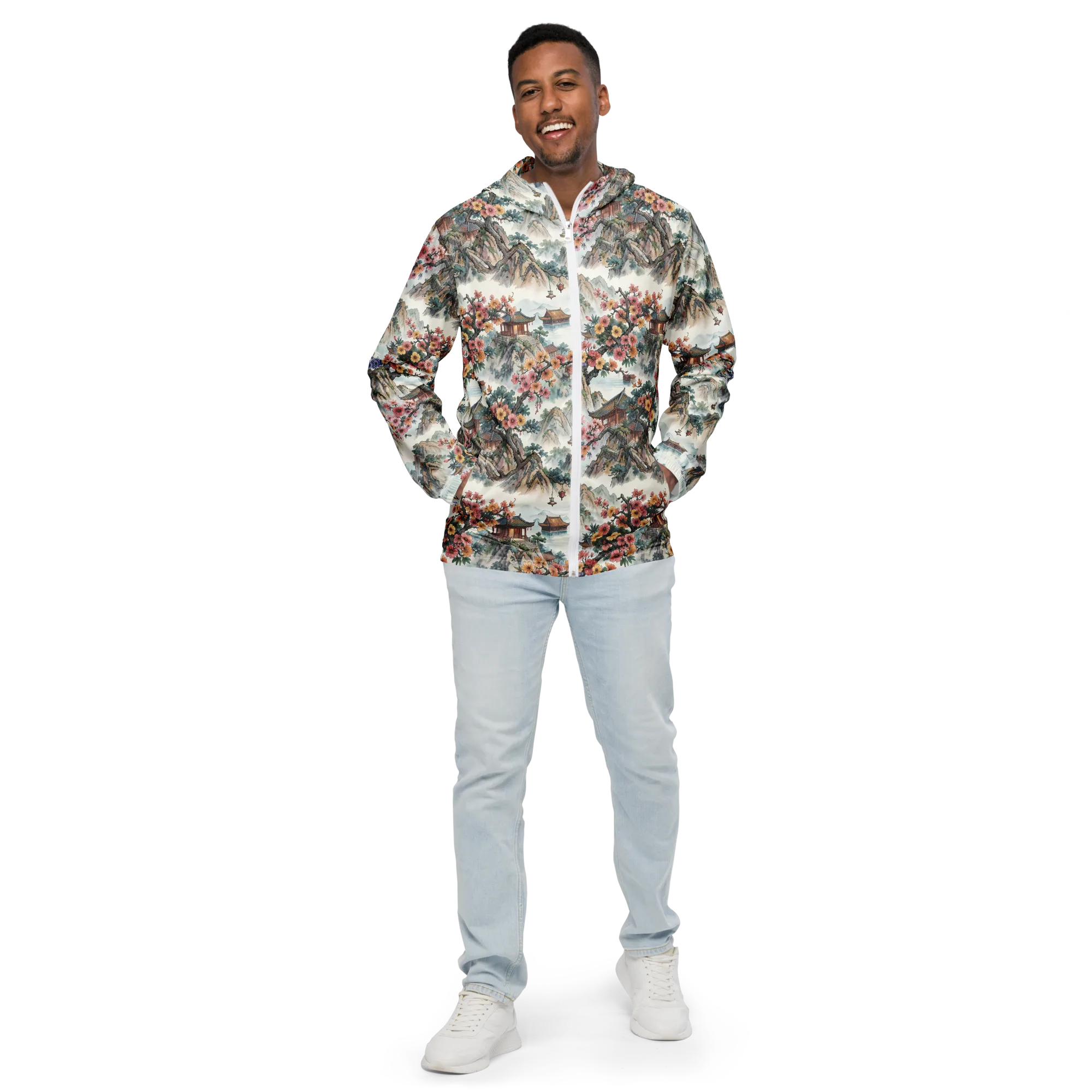 Jade Mountain Blossom on Men's Windbreaker — Front