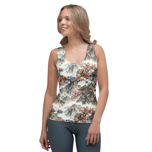 Jade Mountain Blossom on a Women's Tank Top