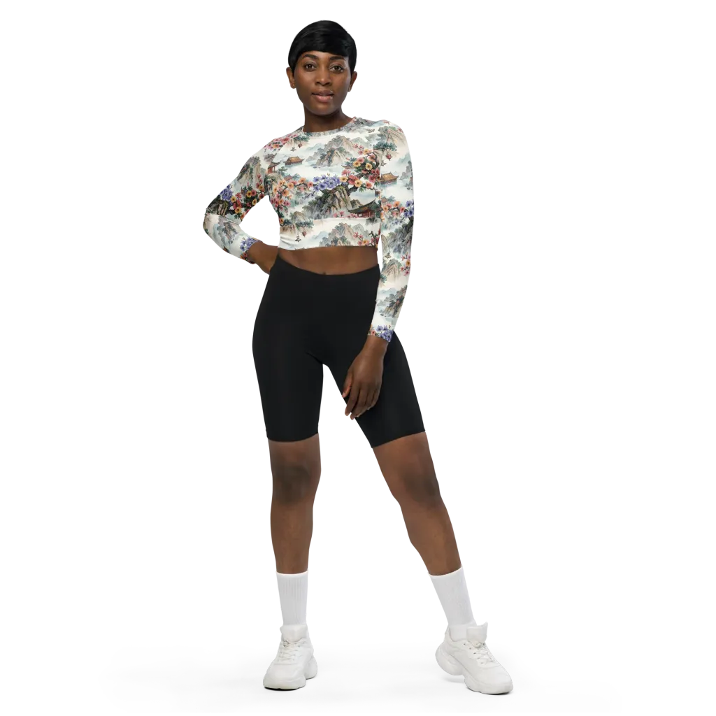 Jade Mountain Blossom on Long Sleeve Crop Top — Front