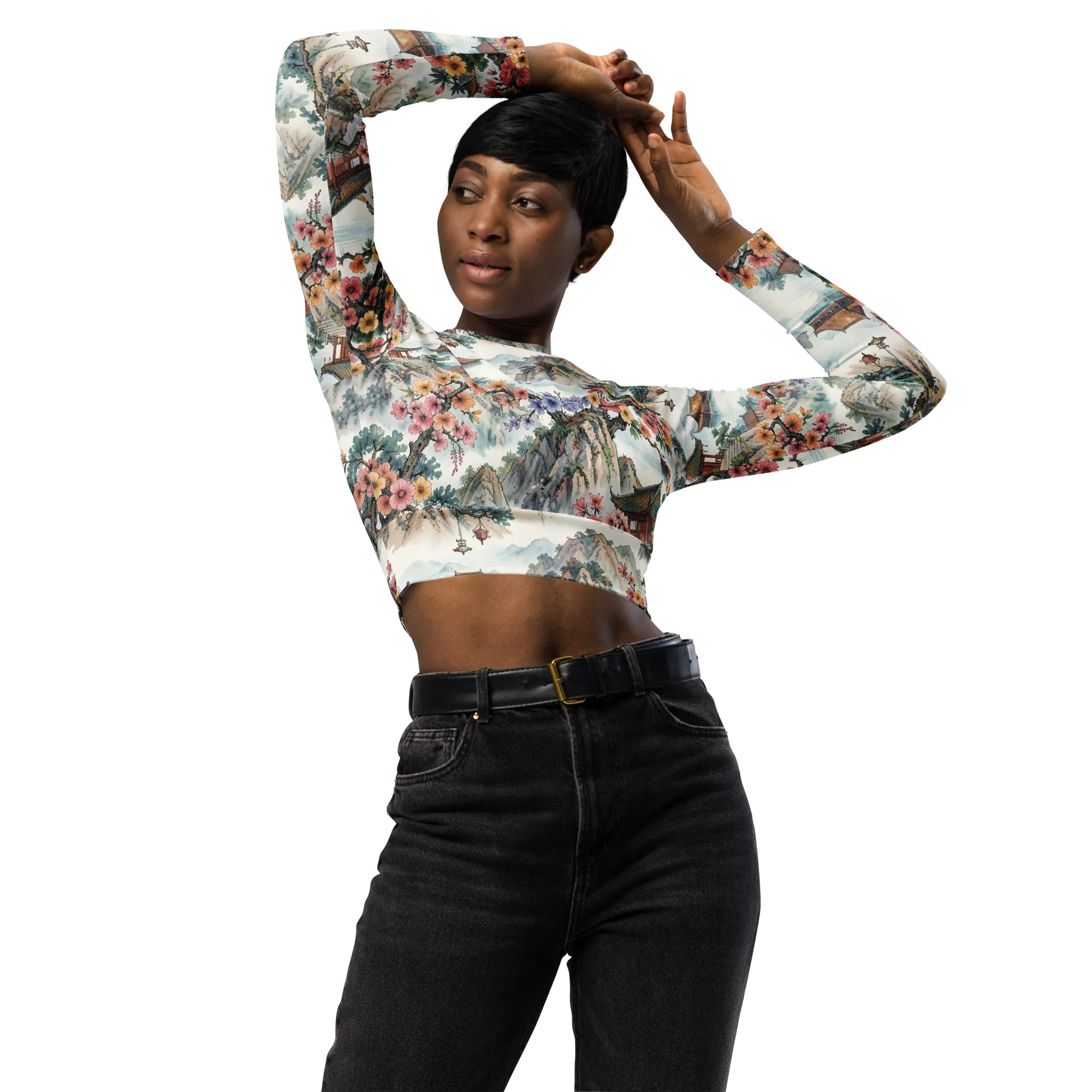 Jade Mountain Blossom on Long Sleeve Crop Top — Front