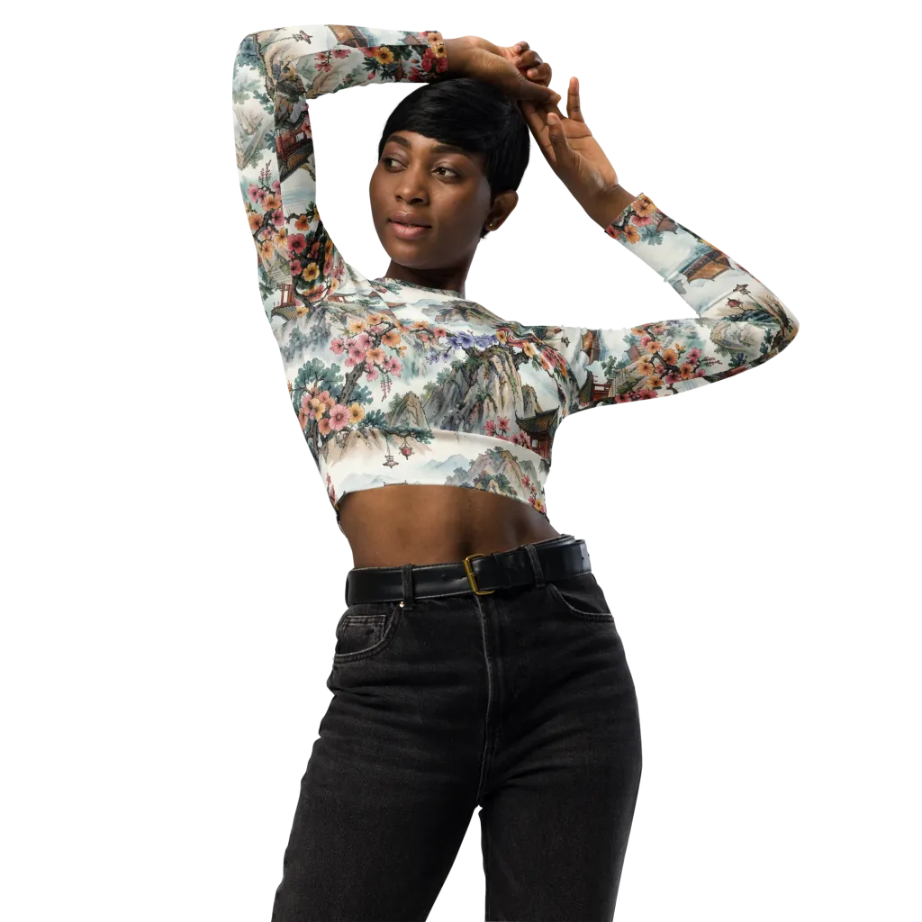 Jade Mountain Blossom on Long Sleeve Crop Top — Front