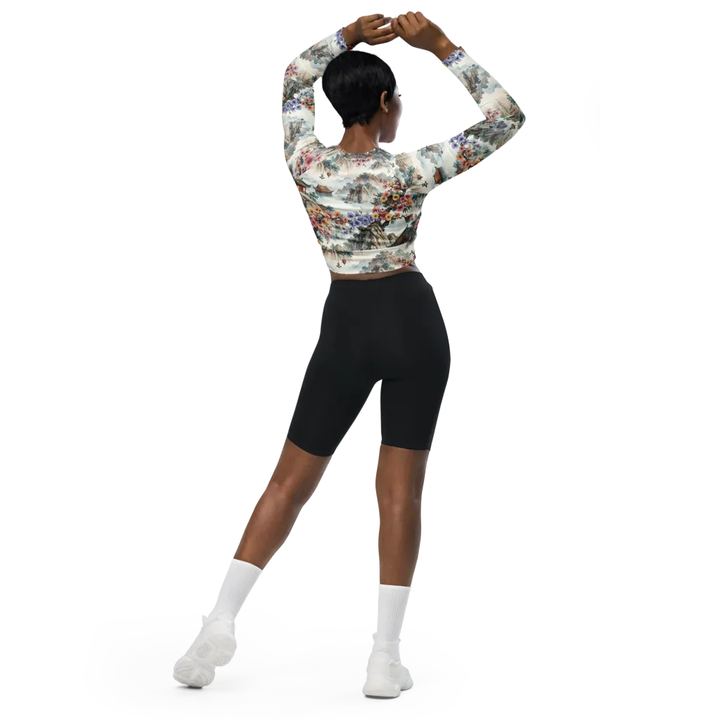 Jade Mountain Blossom on Long Sleeve Crop Top — Back