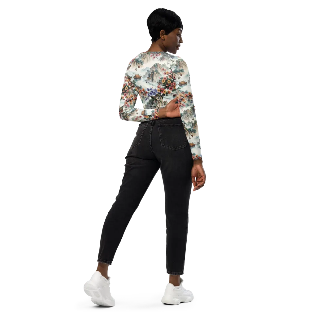 Jade Mountain Blossom on Long Sleeve Crop Top — Right Back