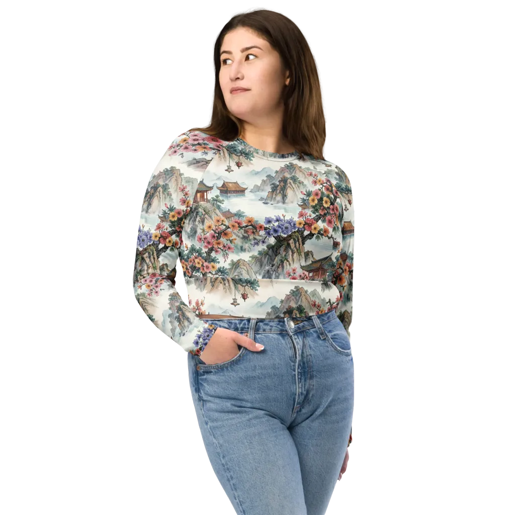 Jade Mountain Blossom on Long Sleeve Crop Top — Front