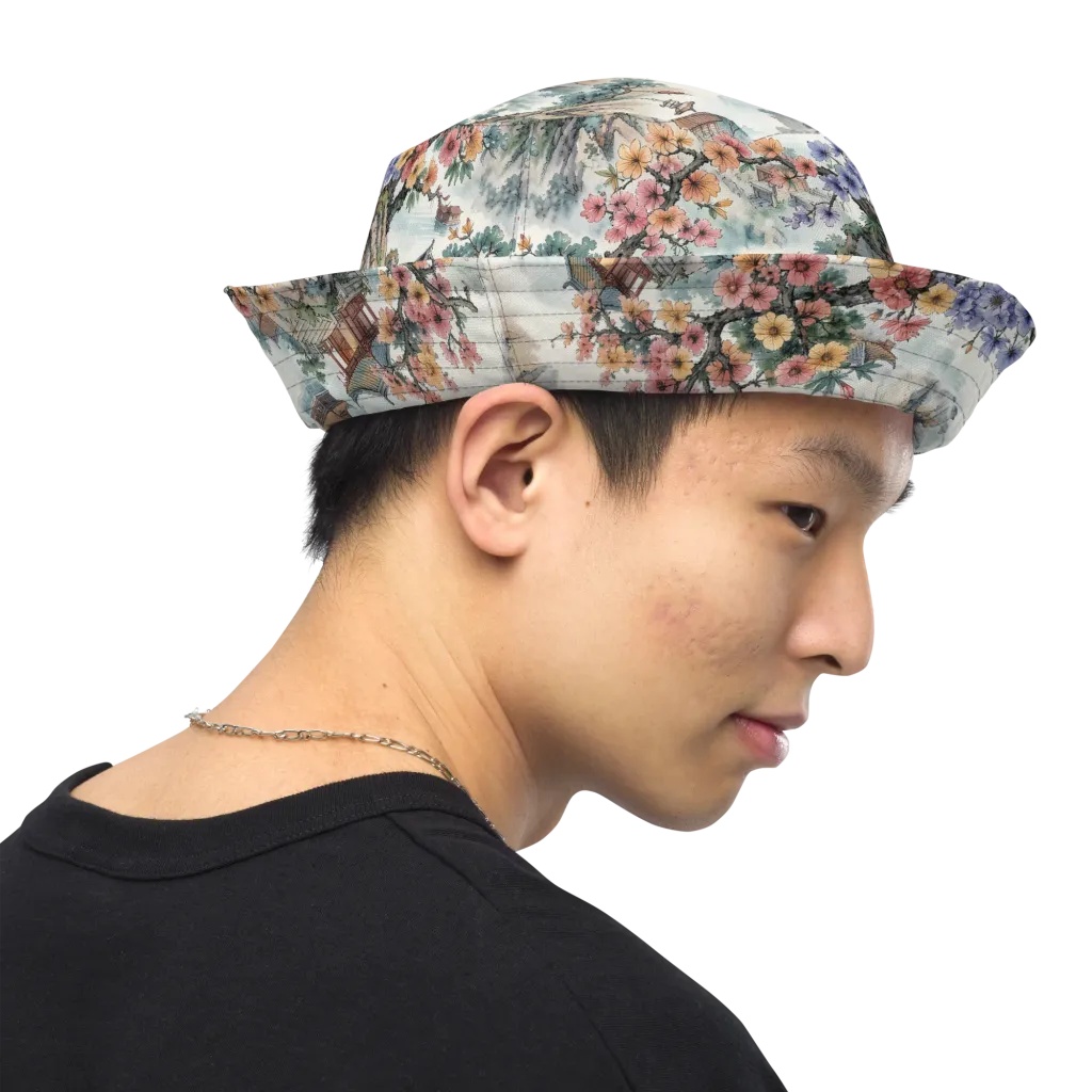 Jade Mountain Blossom on Reversible Bucket Hat — Right Outside
