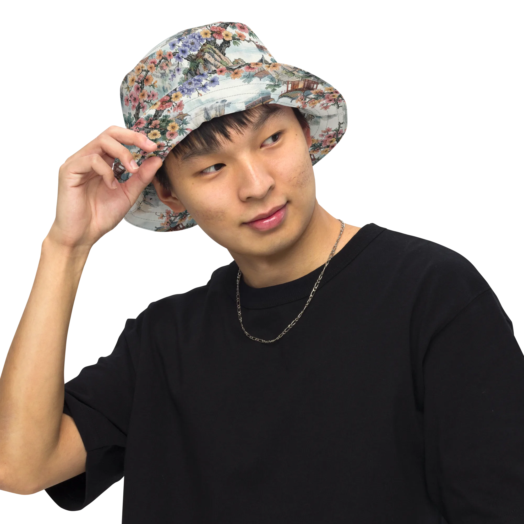 Jade Mountain Blossom on Reversible Bucket Hat — Front Inside