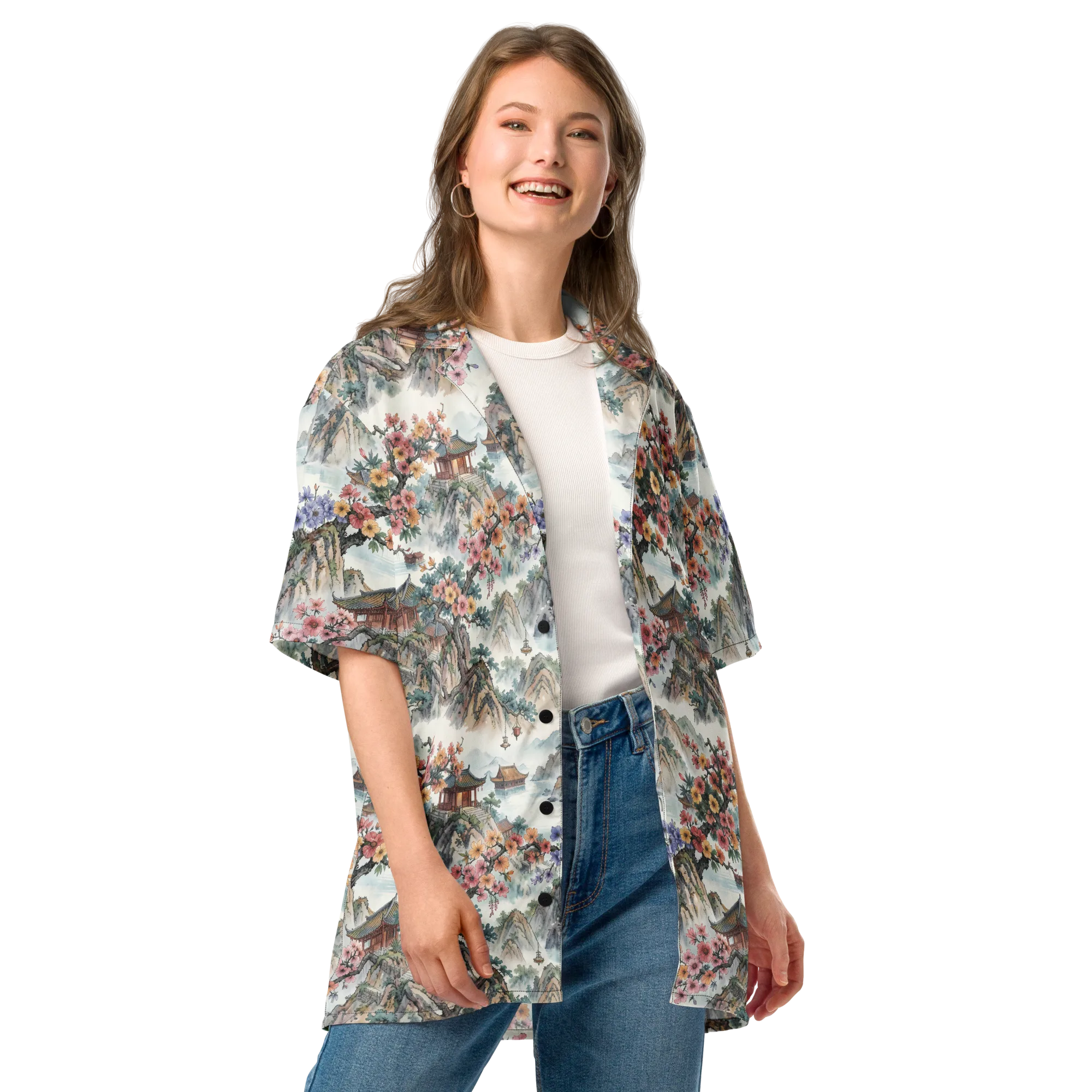 Jade Mountain Blossom on Button Shirt — Front