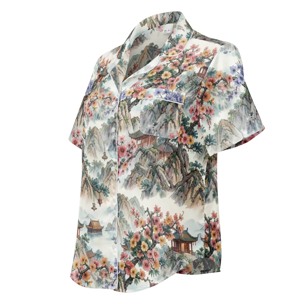 Jade Mountain Blossom on Women's Short Sleeve Pajama Top — Left Front