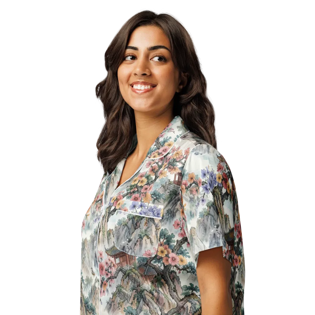 Jade Mountain Blossom on Women's Short Sleeve Pajama Top — Left Front
