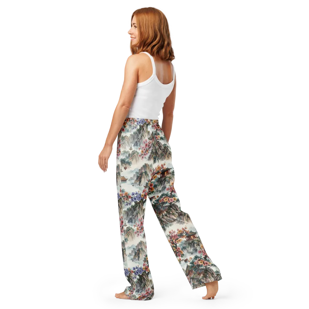Jade Mountain Blossom on Women's Pajama Pants — Back