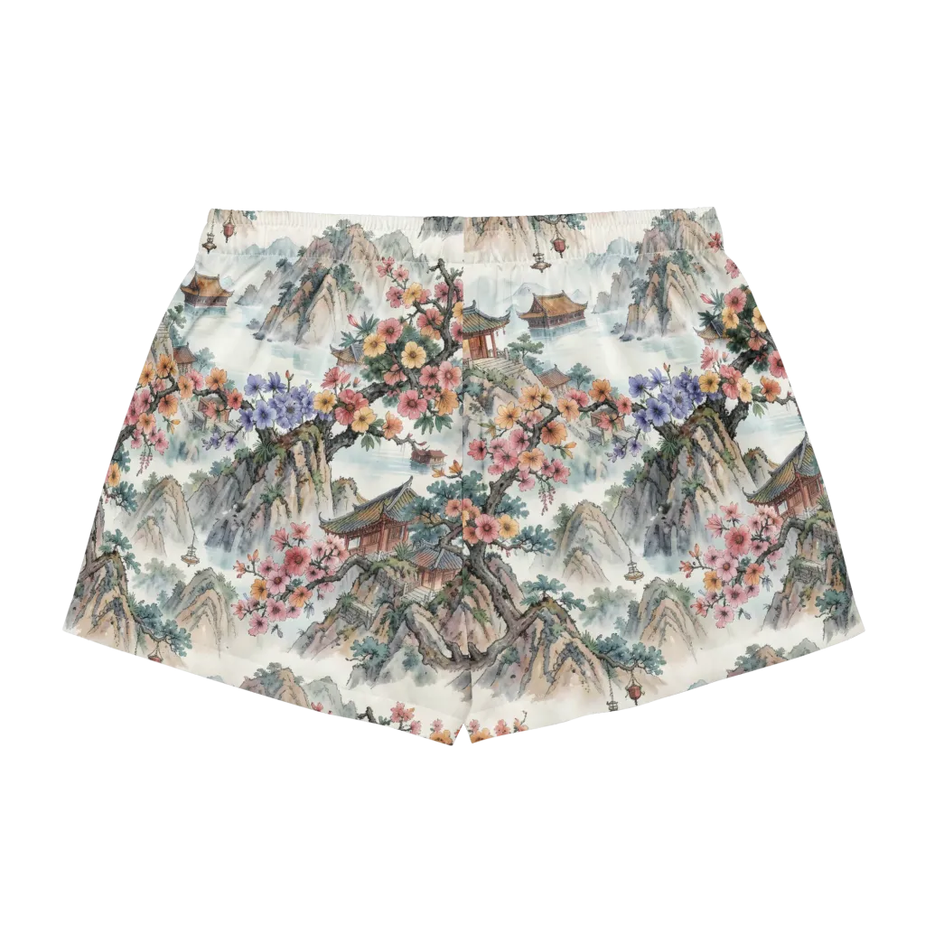 Jade Mountain Blossom on Women's Pajama Shorts — Back