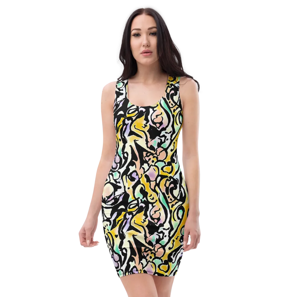 Pastel Ink Riot on Bodycon Dress — Front