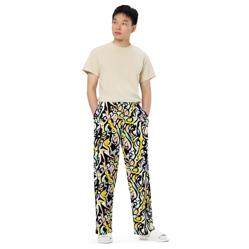 Pastel Ink Riot on Wide-Leg Pants — Front