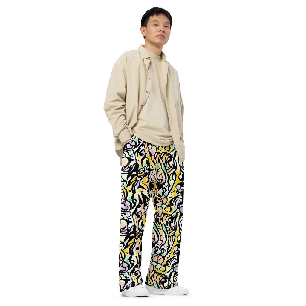 Pastel Ink Riot on Wide-Leg Pants — Right Front