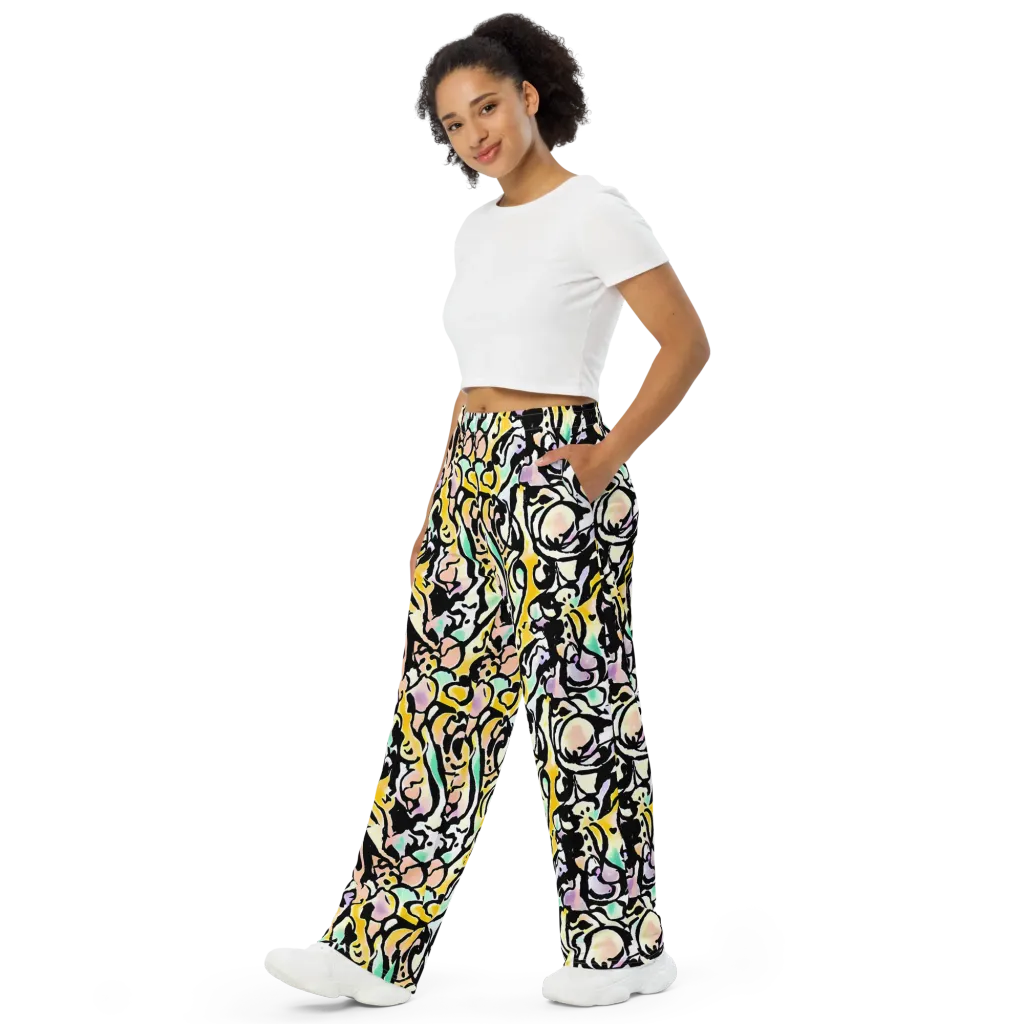 Pastel Ink Riot on Wide-Leg Pants — Left Front