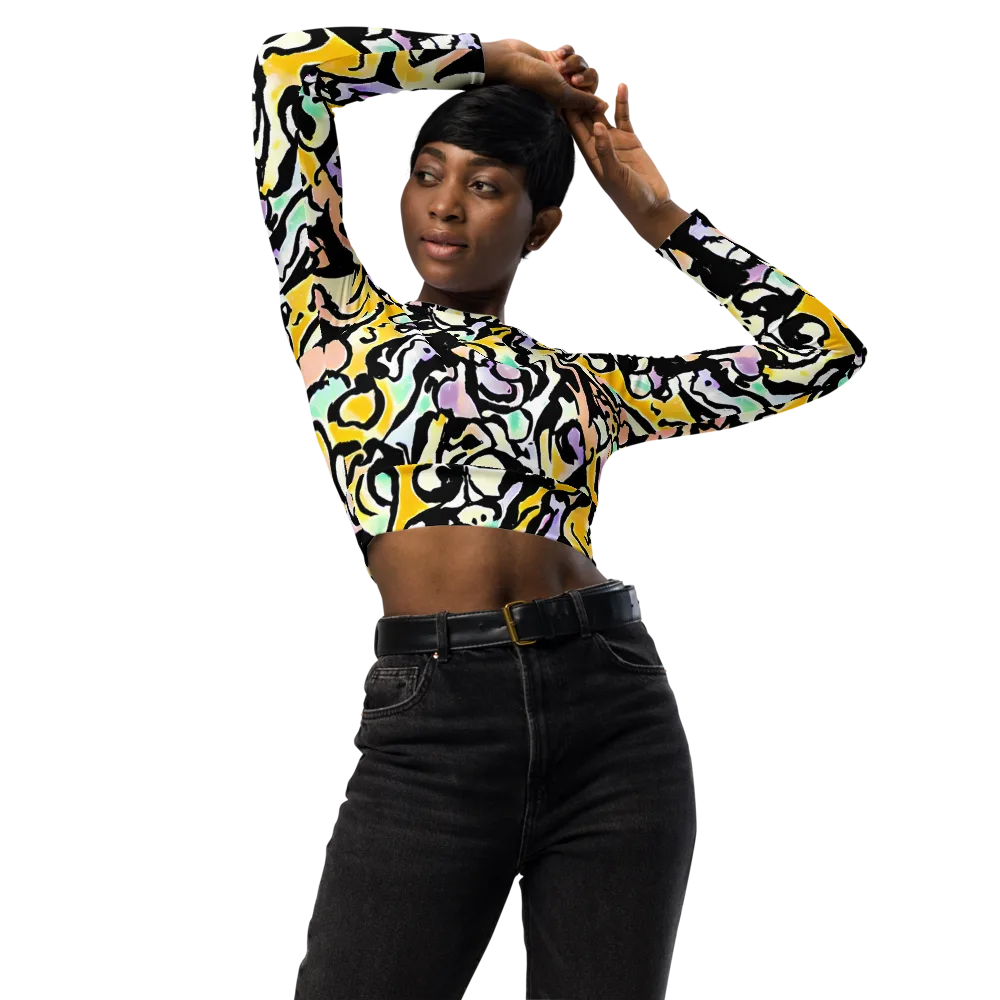 Pastel Ink Riot on Long Sleeve Crop Top — Front