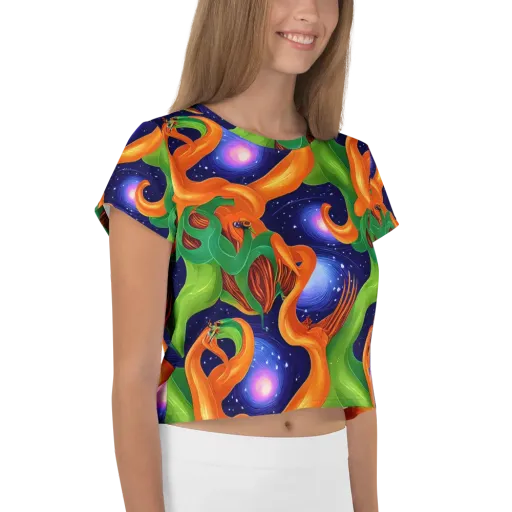 Cosmic Aviary on a Crop Tee