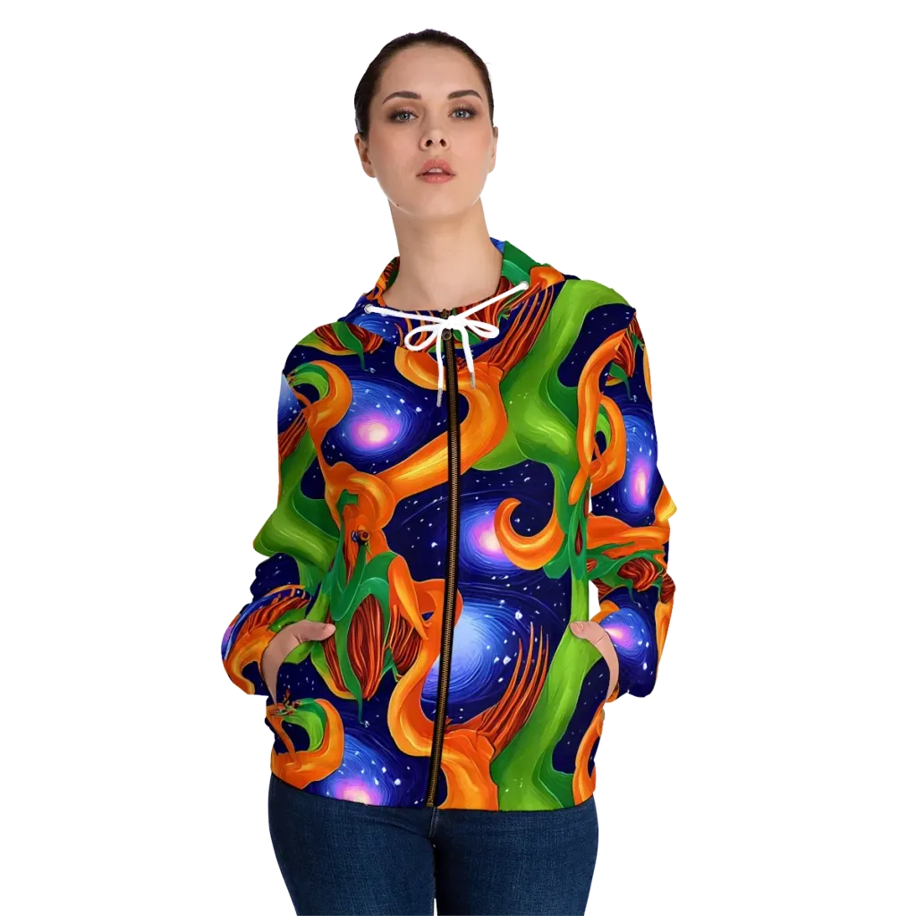 Cosmic Aviary on Women's Full-Zip Hoodie — Front On Person