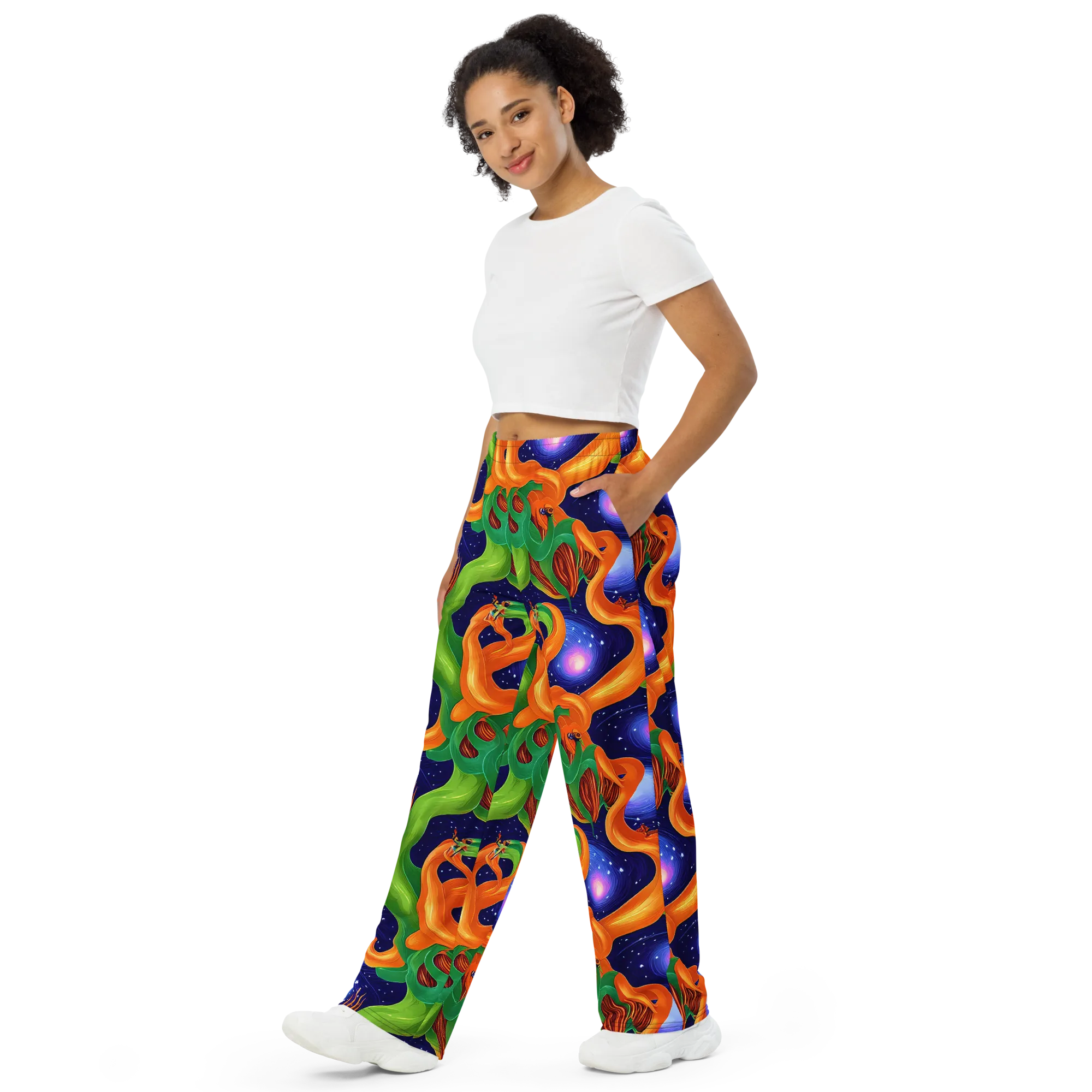 Cosmic Aviary on Wide-Leg Pants — Left Front