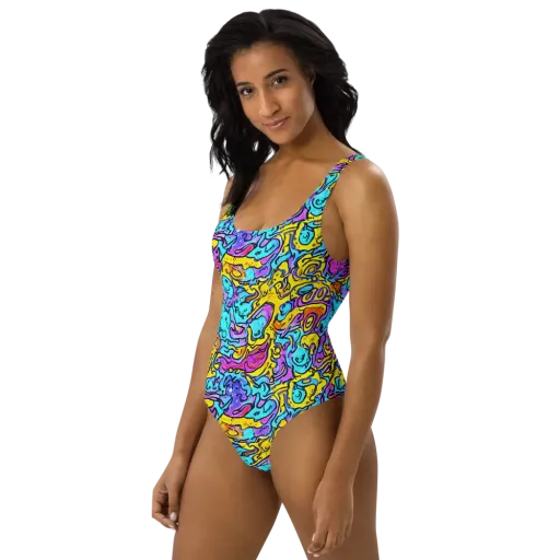 Graffiti Current on a One-Piece Swimsuit
