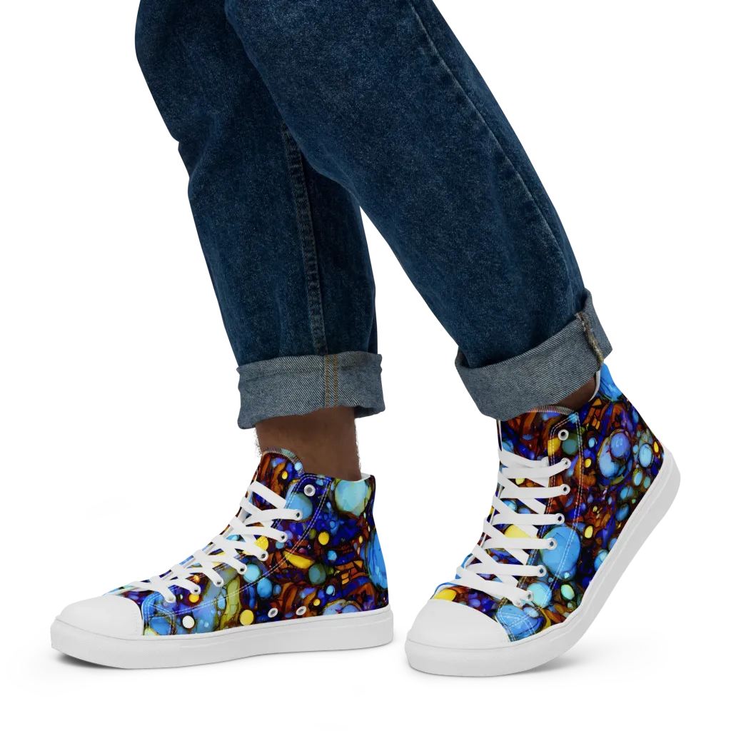 Blue Fireworks on Men's High Top Canvas Shoes — Left