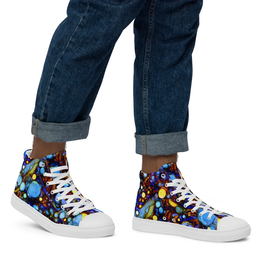 Blue Fireworks on Men's High Top Canvas Shoes — Right