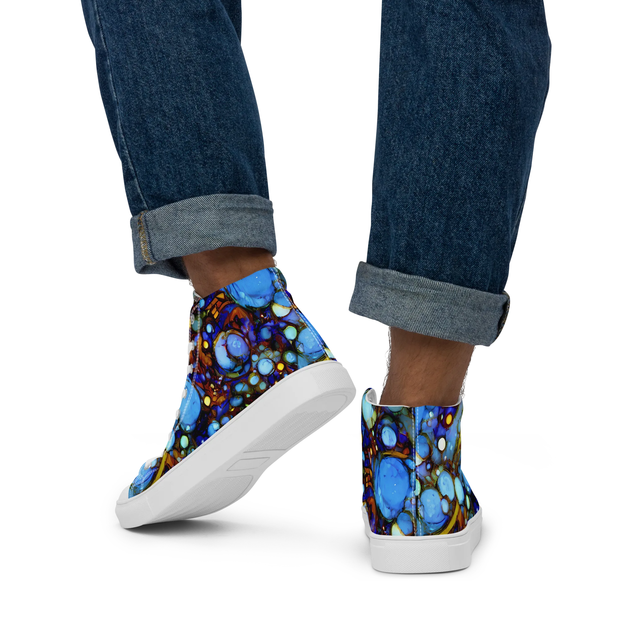Blue Fireworks on Men's High Top Canvas Shoes — Back