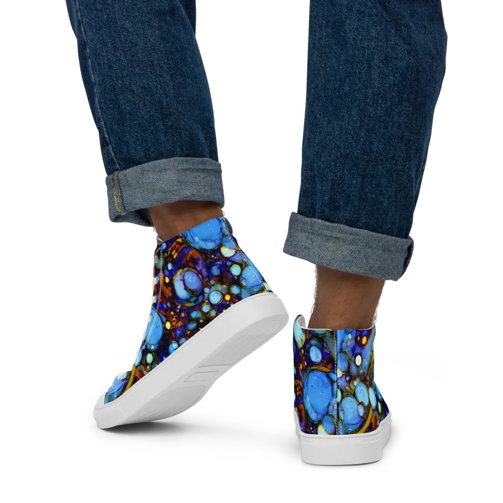 Blue Fireworks on Men's High Top Canvas Shoes — Back