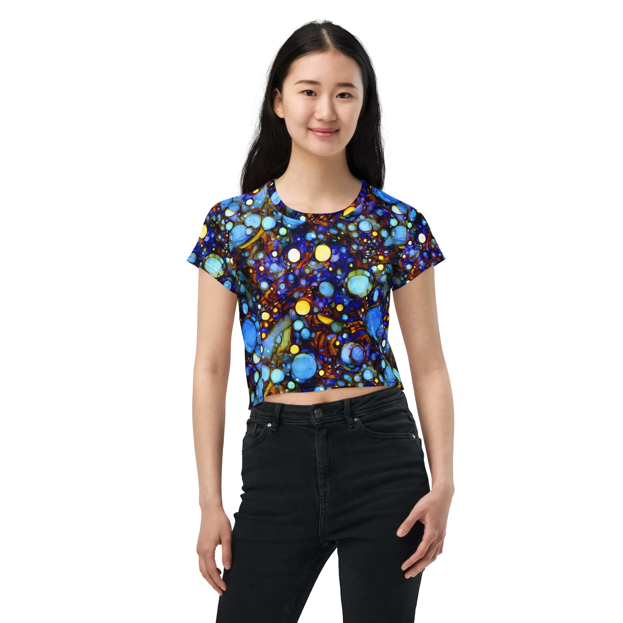 Blue Fireworks on Crop Tee — Front