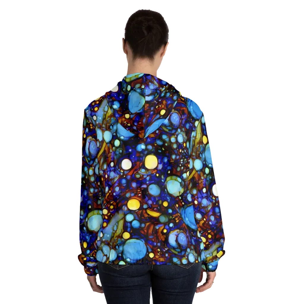 Blue Fireworks on Women's Full-Zip Hoodie — Back On Person