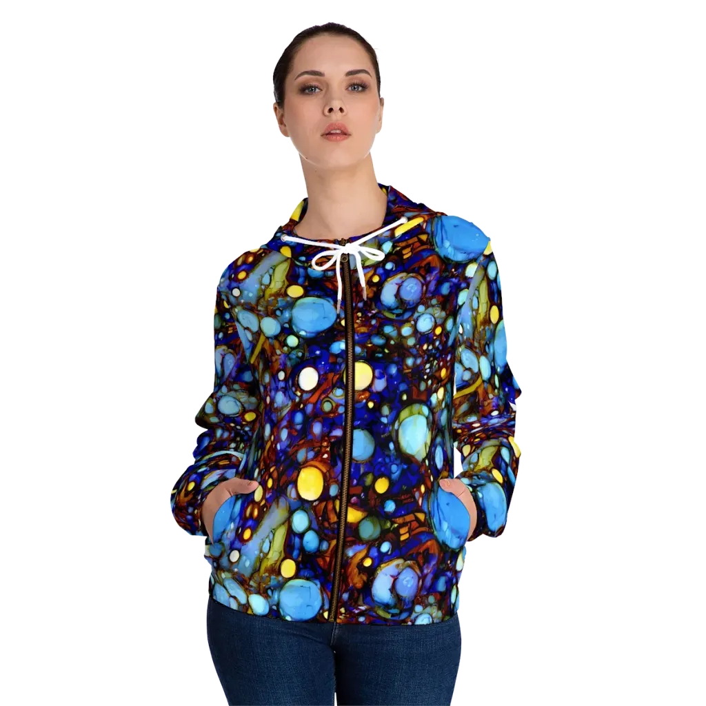 Blue Fireworks on Women's Full-Zip Hoodie — Front On Person