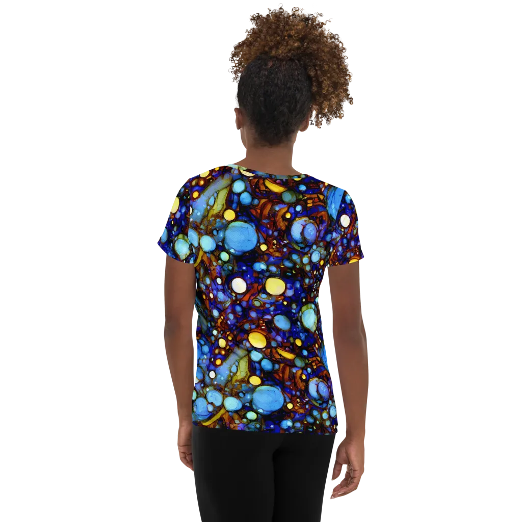Blue Fireworks on Women's Athletic T-Shirt — Back