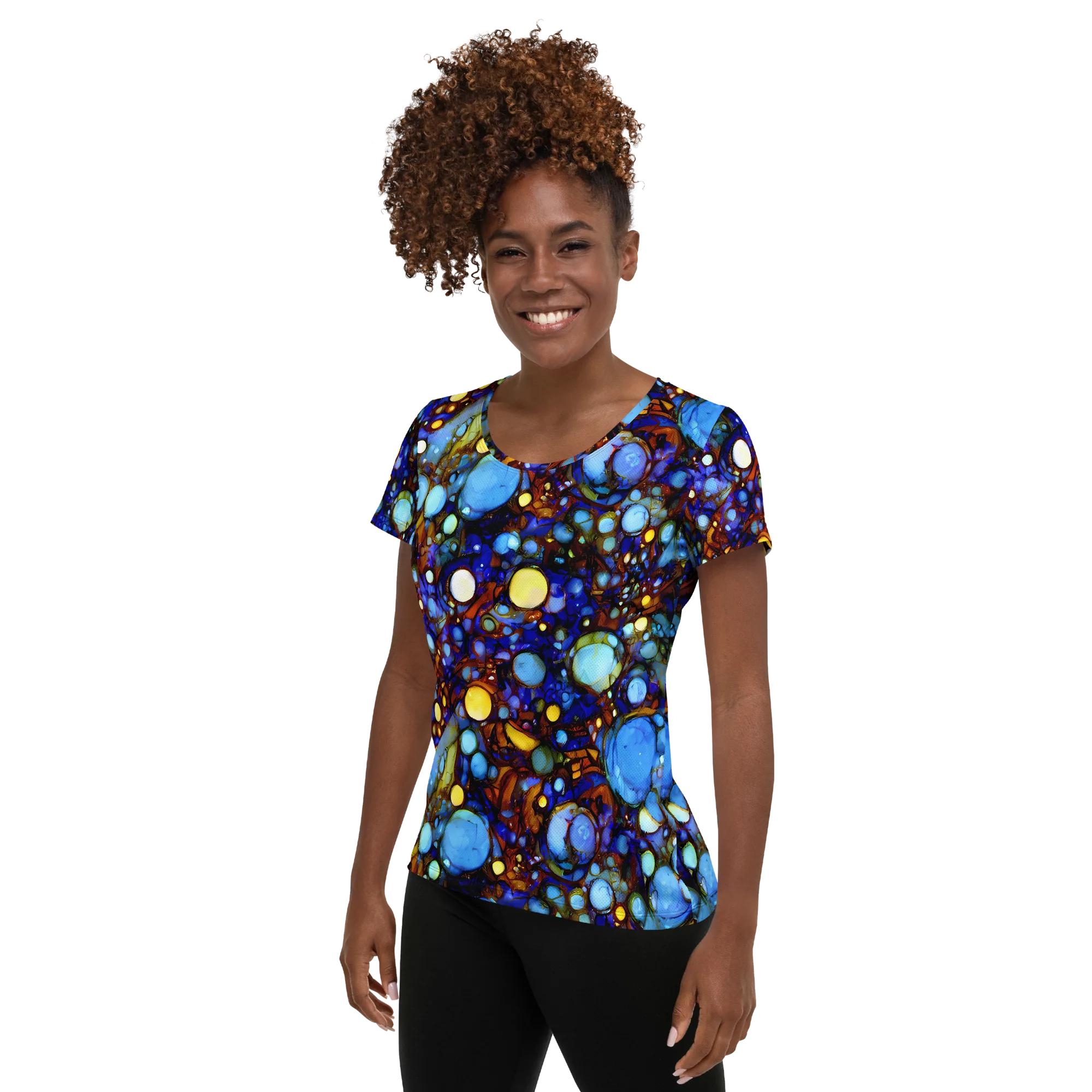 Blue Fireworks on Women's Athletic T-Shirt — Left