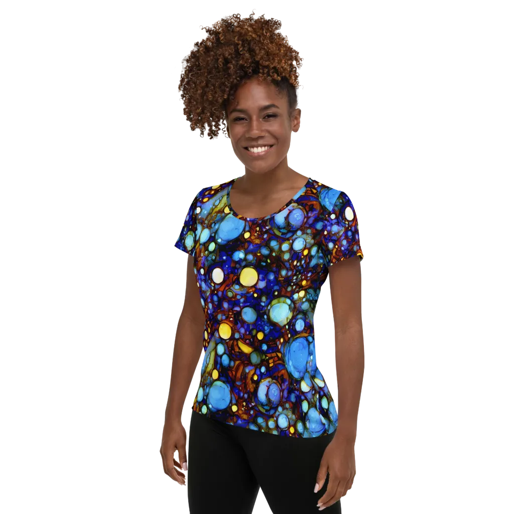 Blue Fireworks on Women's Athletic T-Shirt — Left