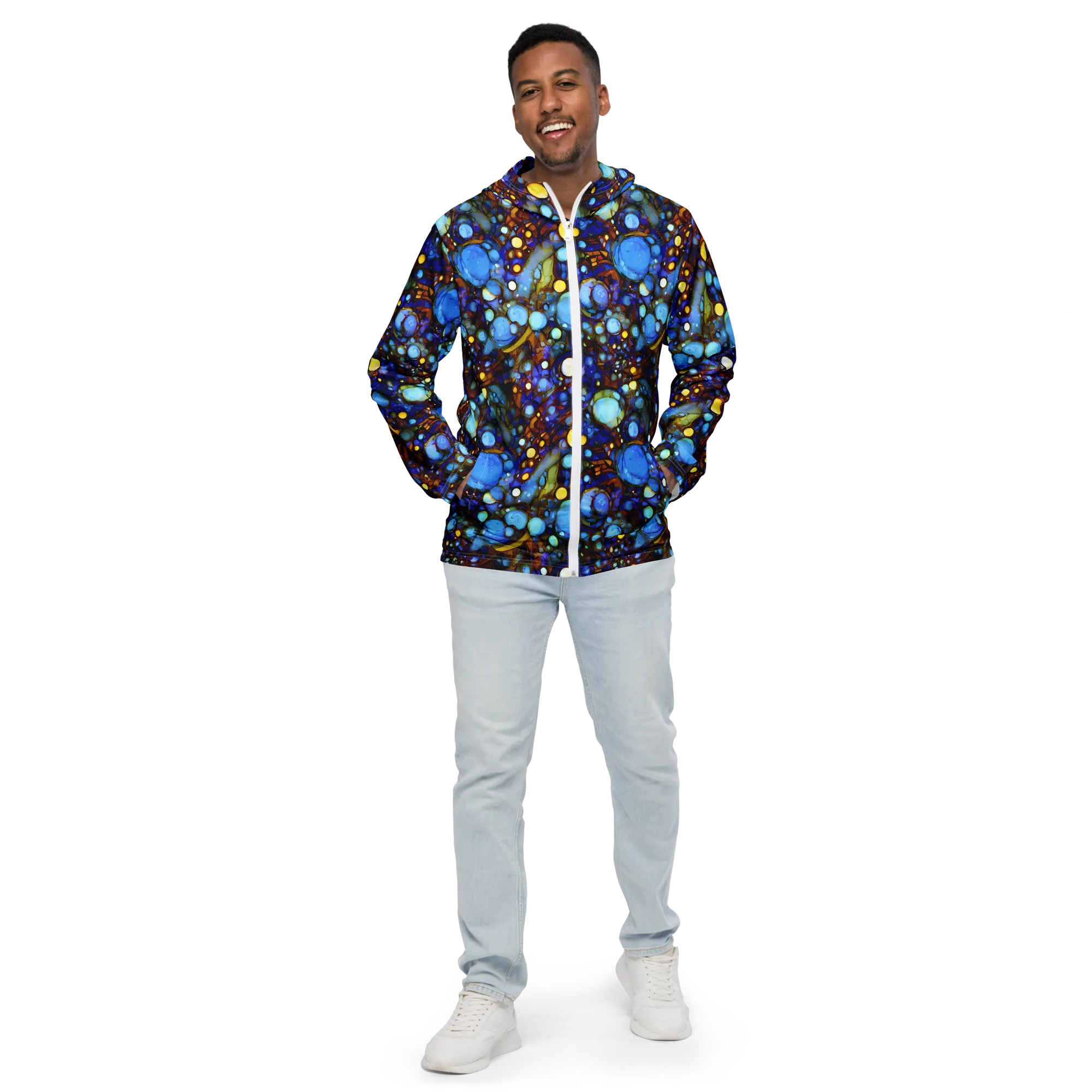 Blue Fireworks on Men's Windbreaker — Front